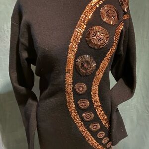 Vintage Black Sweater with Bronze Embellishments SzL